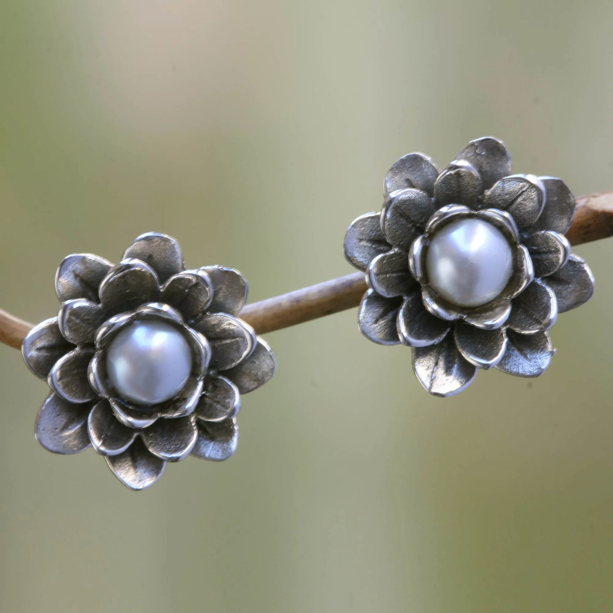 Floral Pearl and Sterling Silver Button Earrings - White-Eyed Lotus | NOVICA