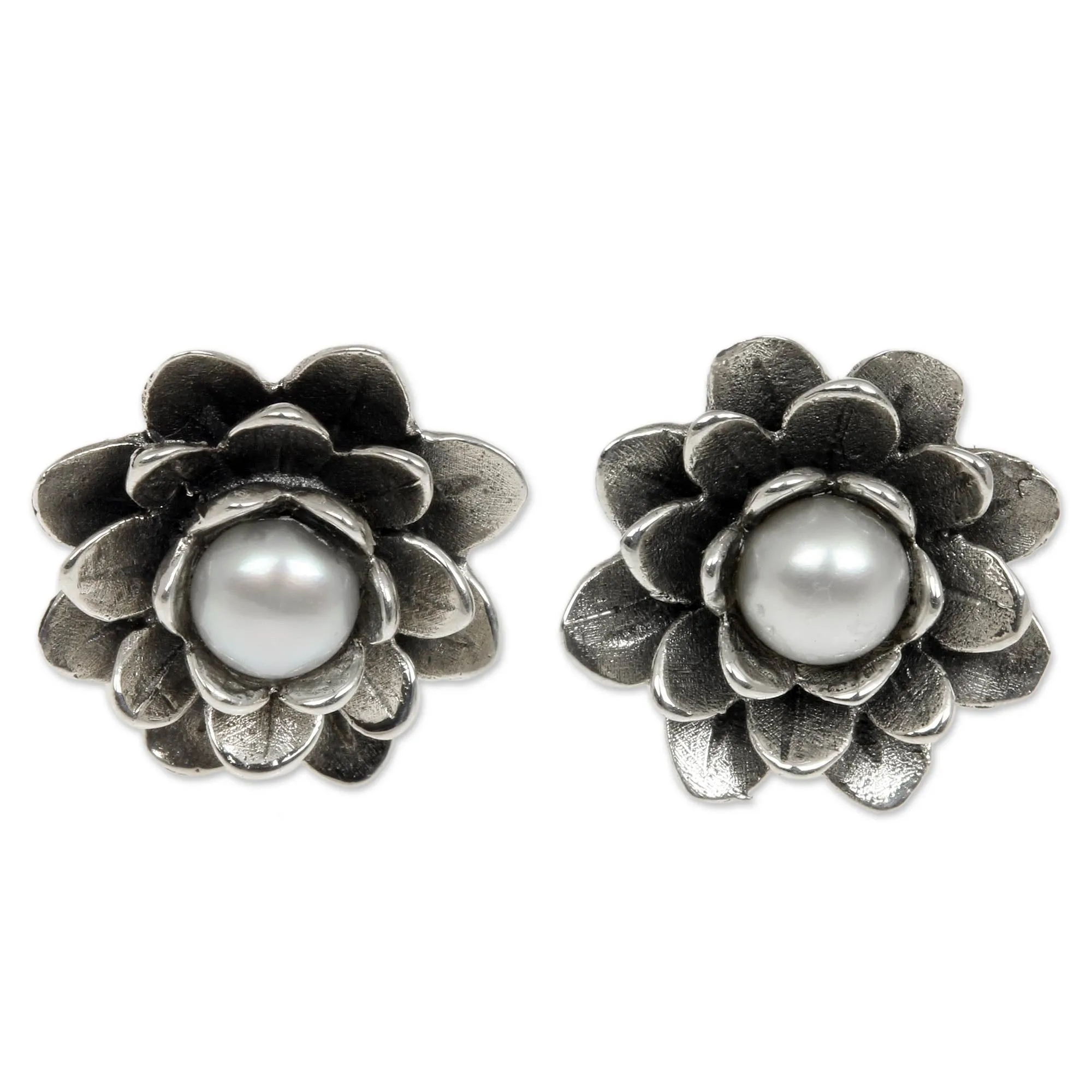 Floral Pearl and Sterling Silver Button Earrings - White-Eyed Lotus | NOVICA