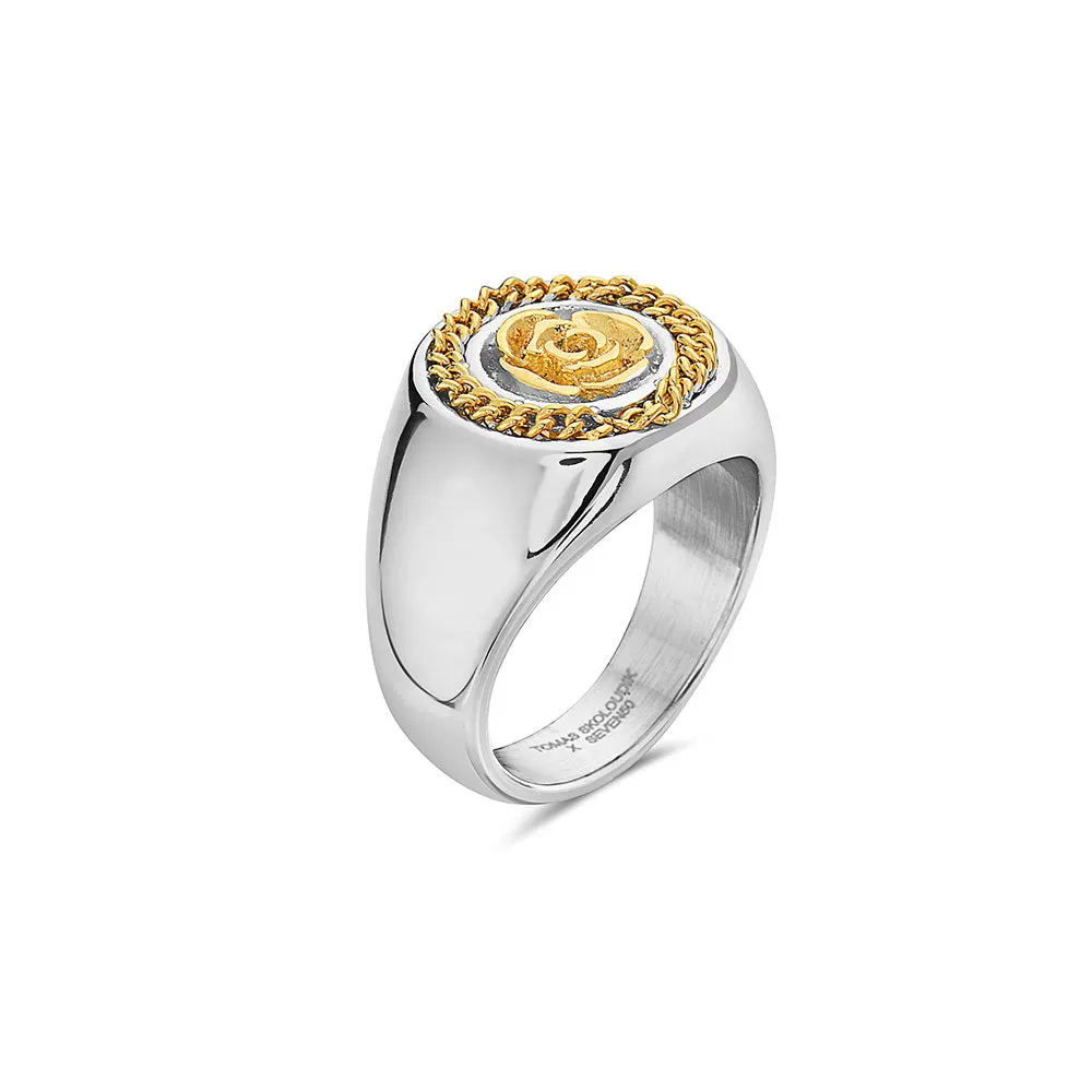 FLOWER GARDEN LEAVES CURB CHAIN CROWN SIGNET RING