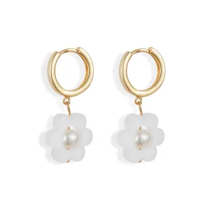 Flower Pearl Huggie Earrings - White - 24EFPHw