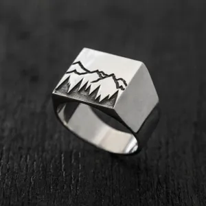 Forest and Mountains Signet Silver Ring