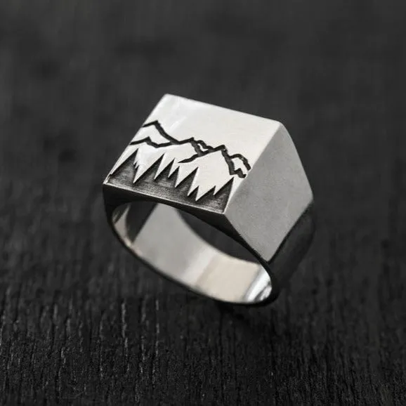 Forest and Mountains Signet Silver Ring