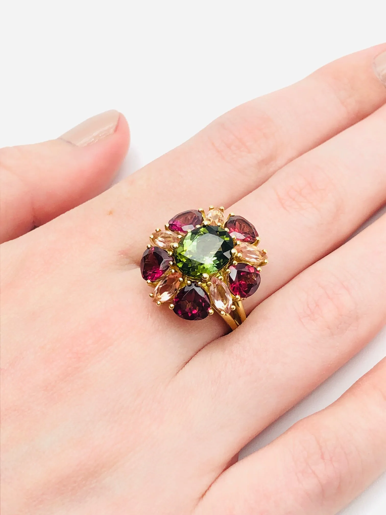 Green Tourmaline, Garnet & Precious Topaz Yellow Gold Gemstone Cluster Ring