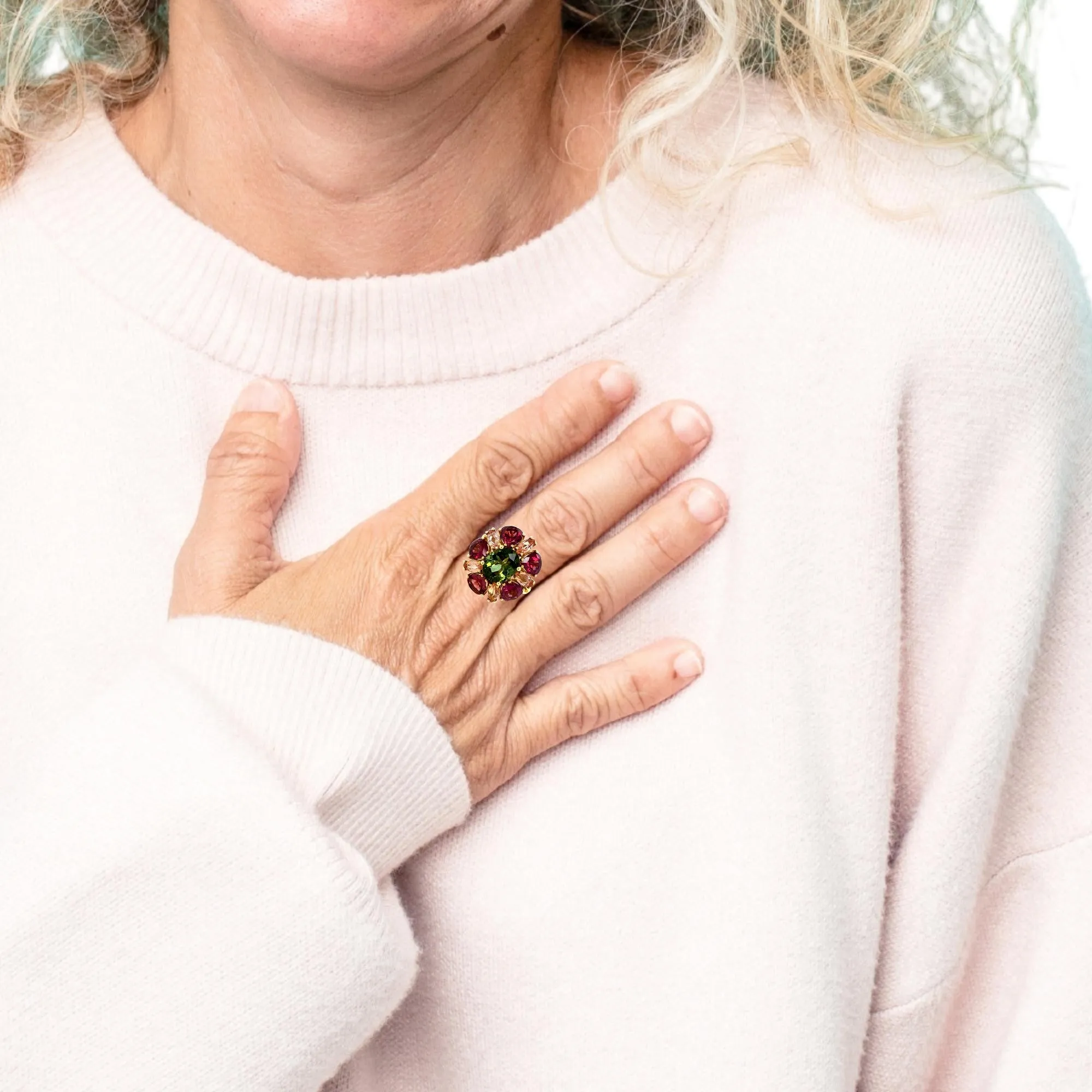 Green Tourmaline, Garnet & Precious Topaz Yellow Gold Gemstone Cluster Ring