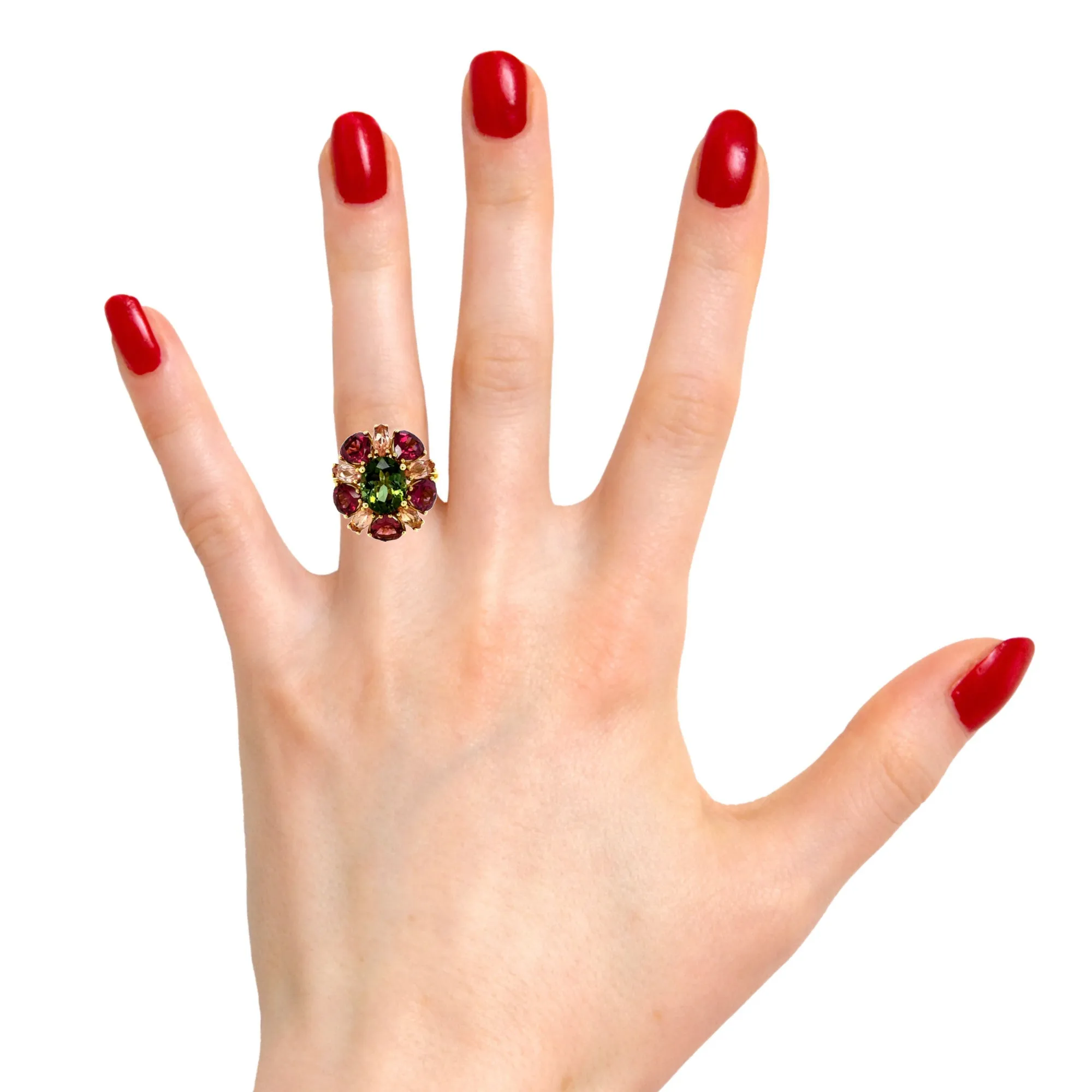 Green Tourmaline, Garnet & Precious Topaz Yellow Gold Gemstone Cluster Ring
