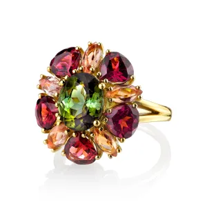 Green Tourmaline, Garnet & Precious Topaz Yellow Gold Gemstone Cluster Ring