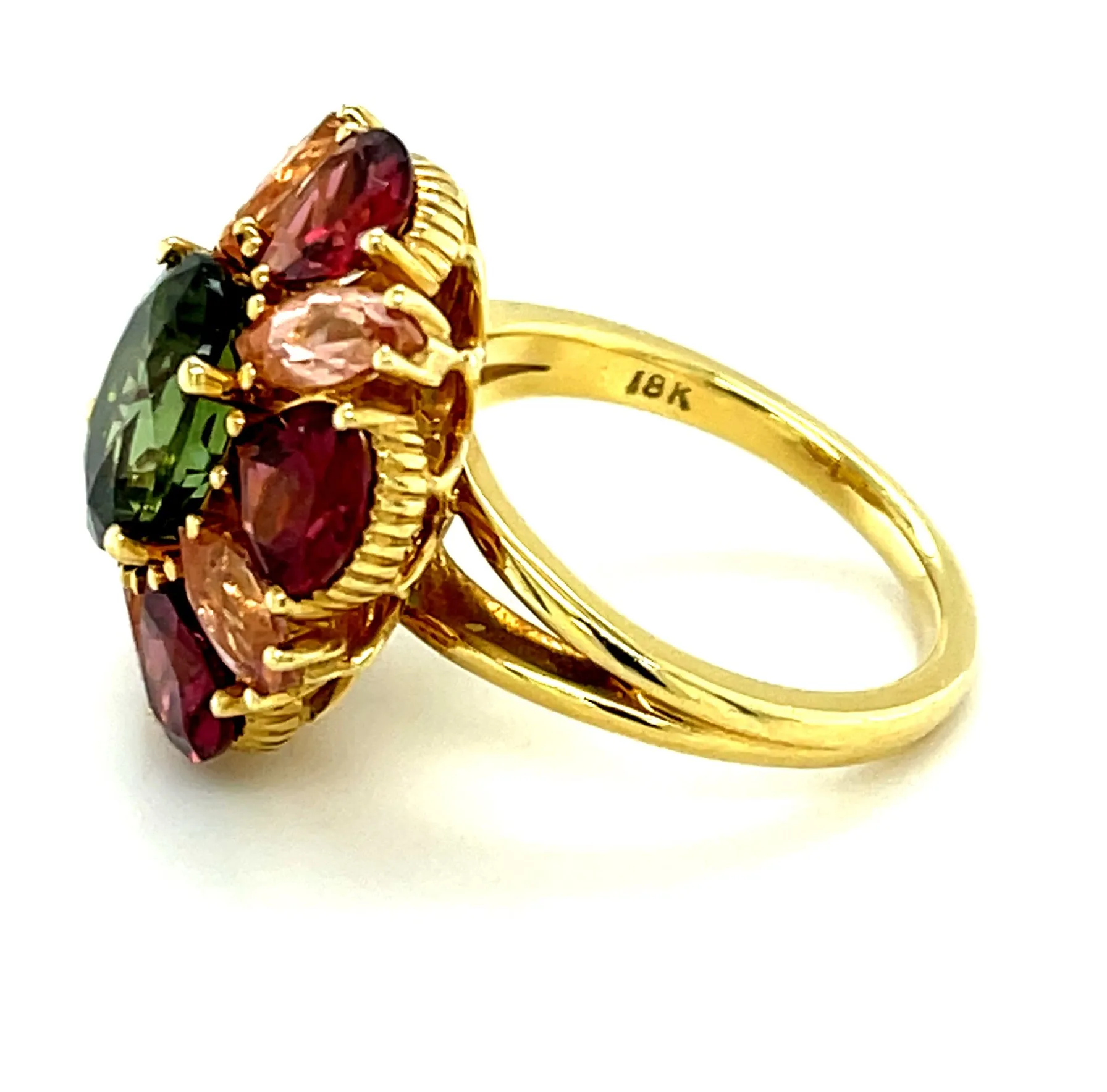 Green Tourmaline, Garnet & Precious Topaz Yellow Gold Gemstone Cluster Ring