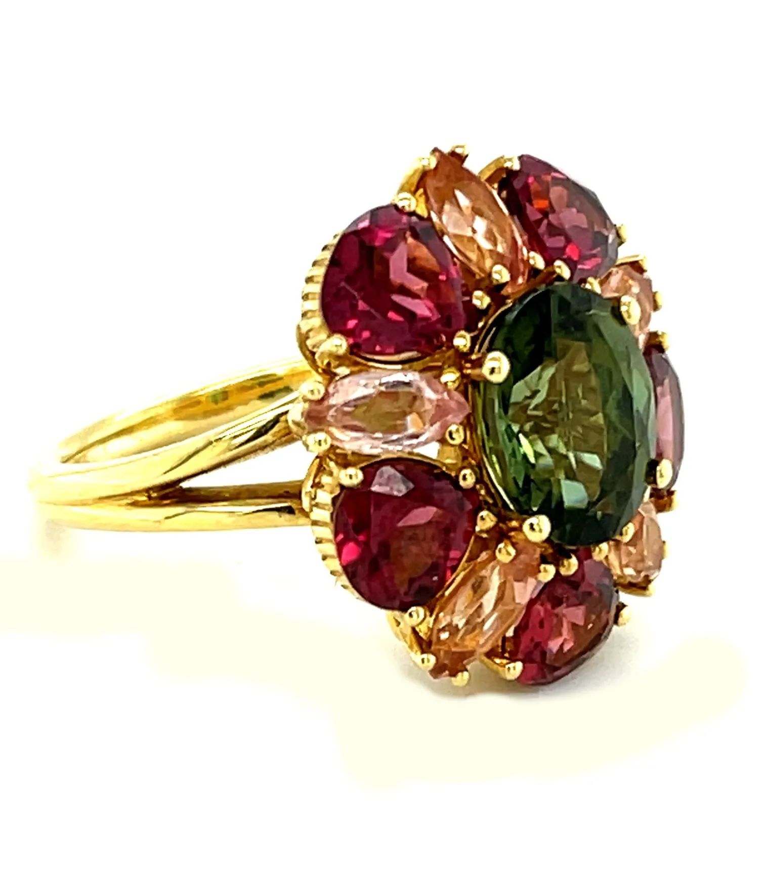 Green Tourmaline, Garnet & Precious Topaz Yellow Gold Gemstone Cluster Ring