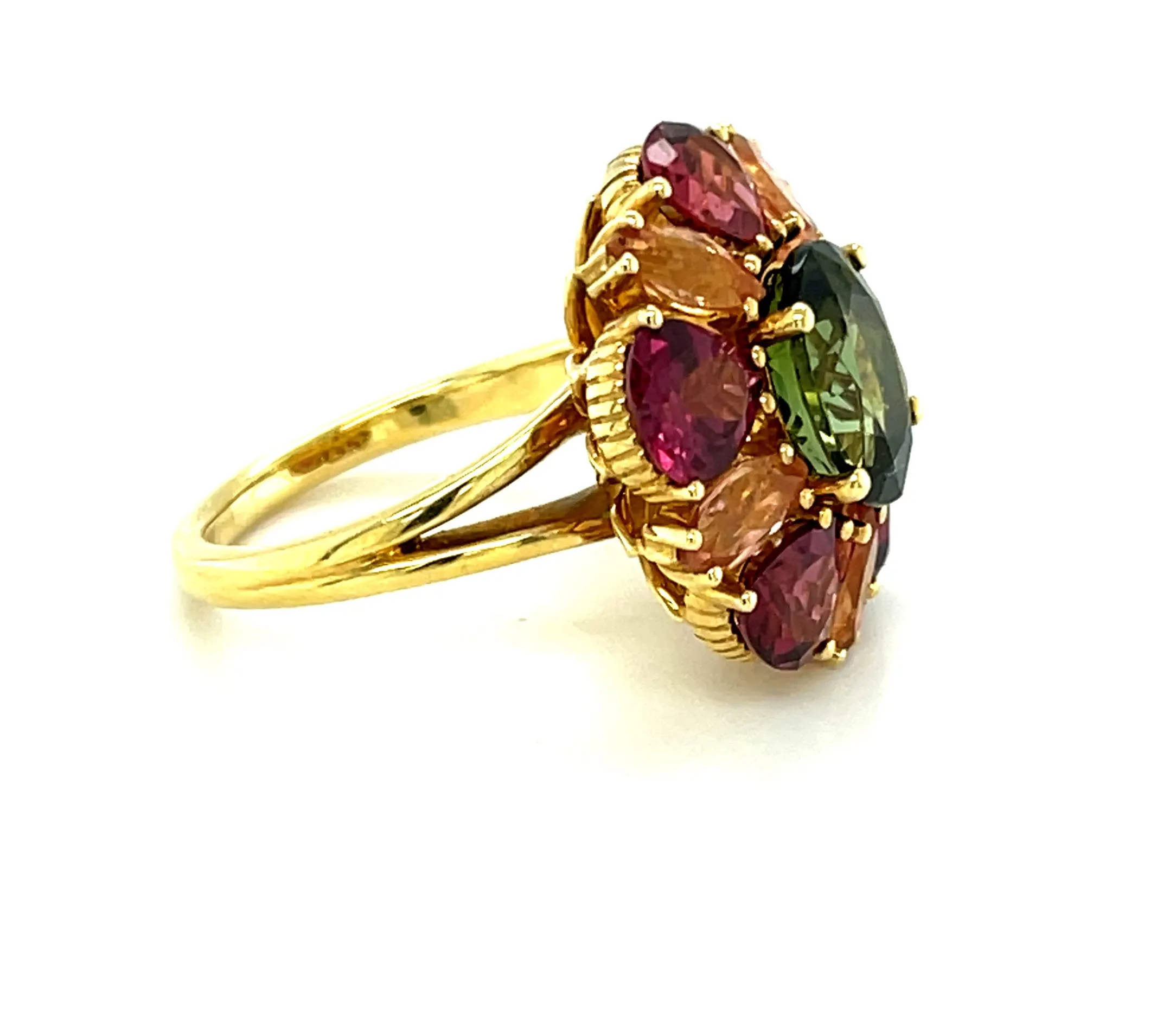 Green Tourmaline, Garnet & Precious Topaz Yellow Gold Gemstone Cluster Ring