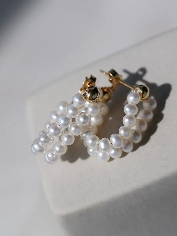 Handcrafted Double layer Pearl Hoop Earrings