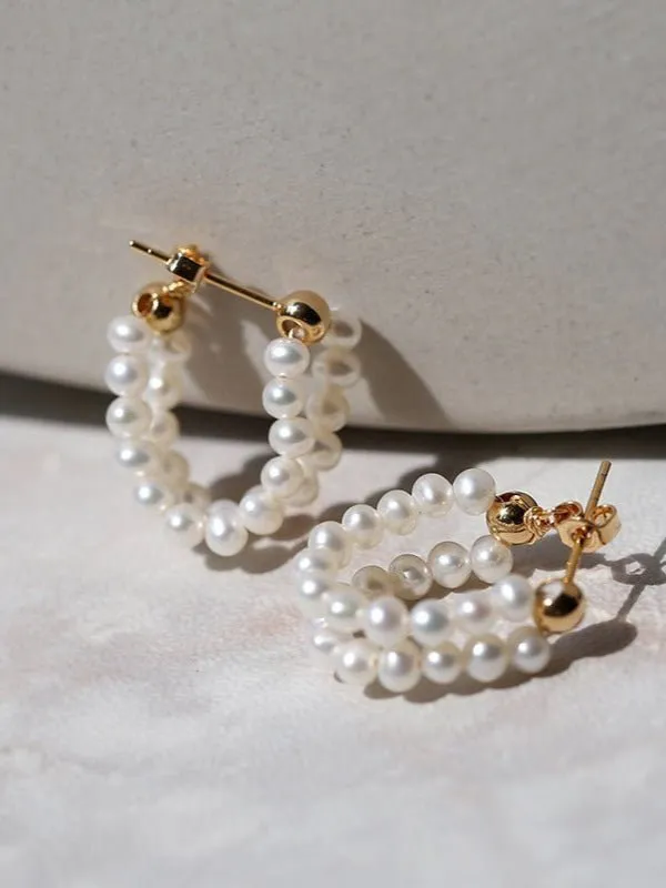 Handcrafted Double layer Pearl Hoop Earrings
