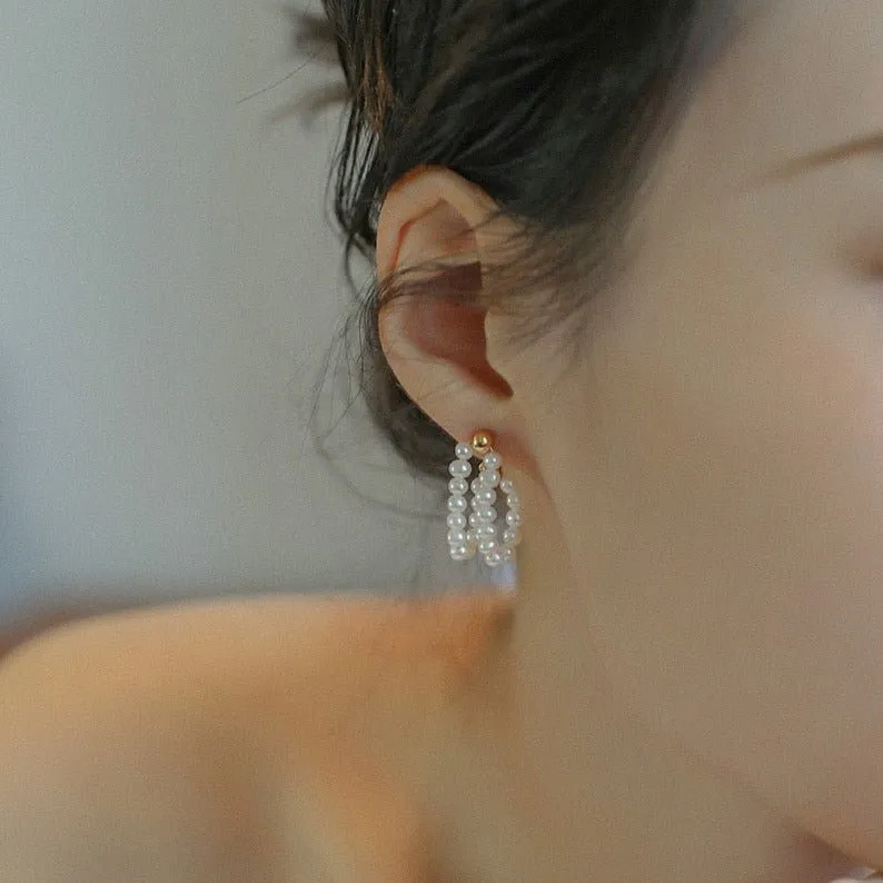 Handcrafted Double layer Pearl Hoop Earrings