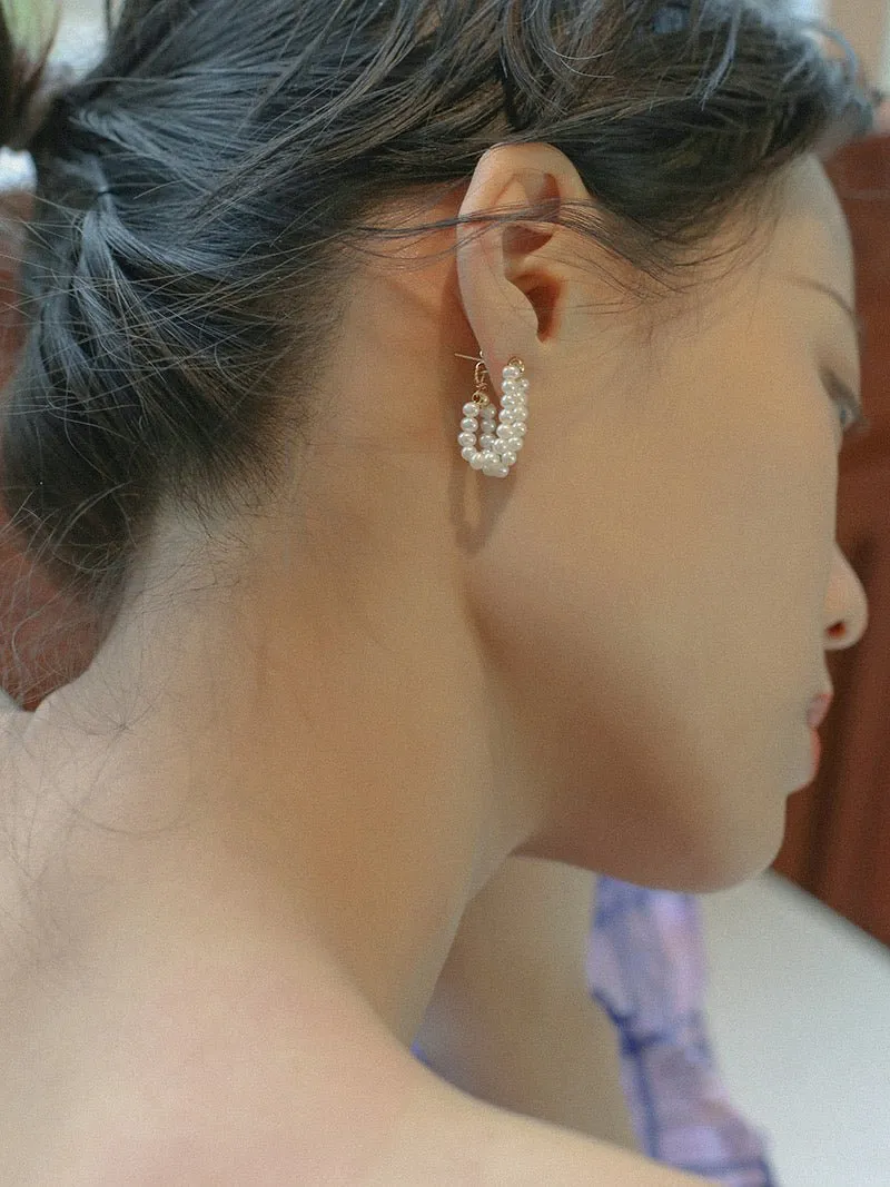Handcrafted Double layer Pearl Hoop Earrings
