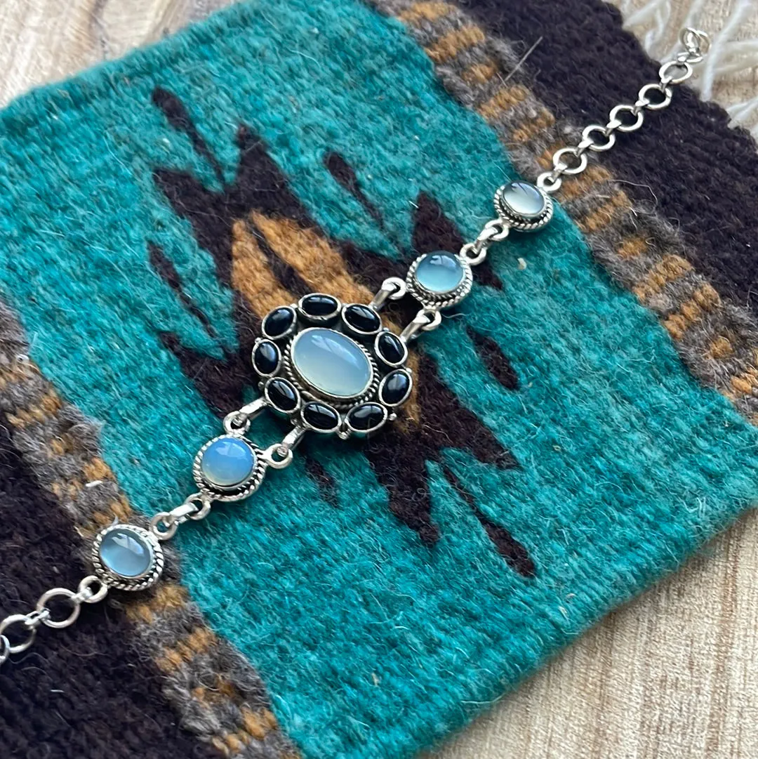 Handmade Onyx & Aqua Calcedony Chain Bracelet
