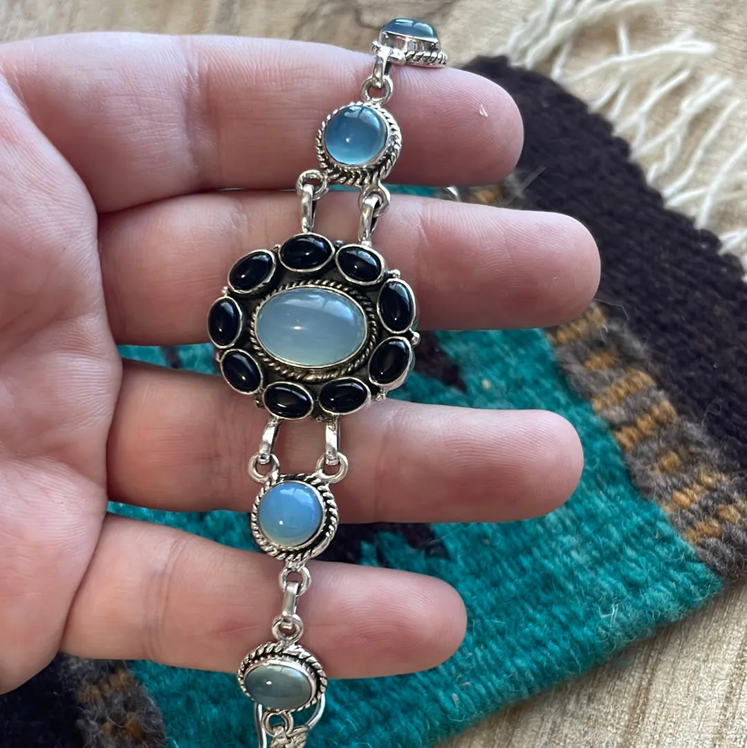 Handmade Onyx & Aqua Calcedony Chain Bracelet