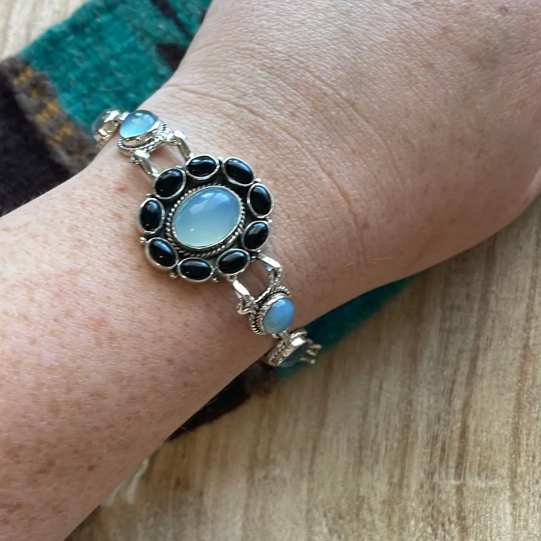 Handmade Onyx & Aqua Calcedony Chain Bracelet