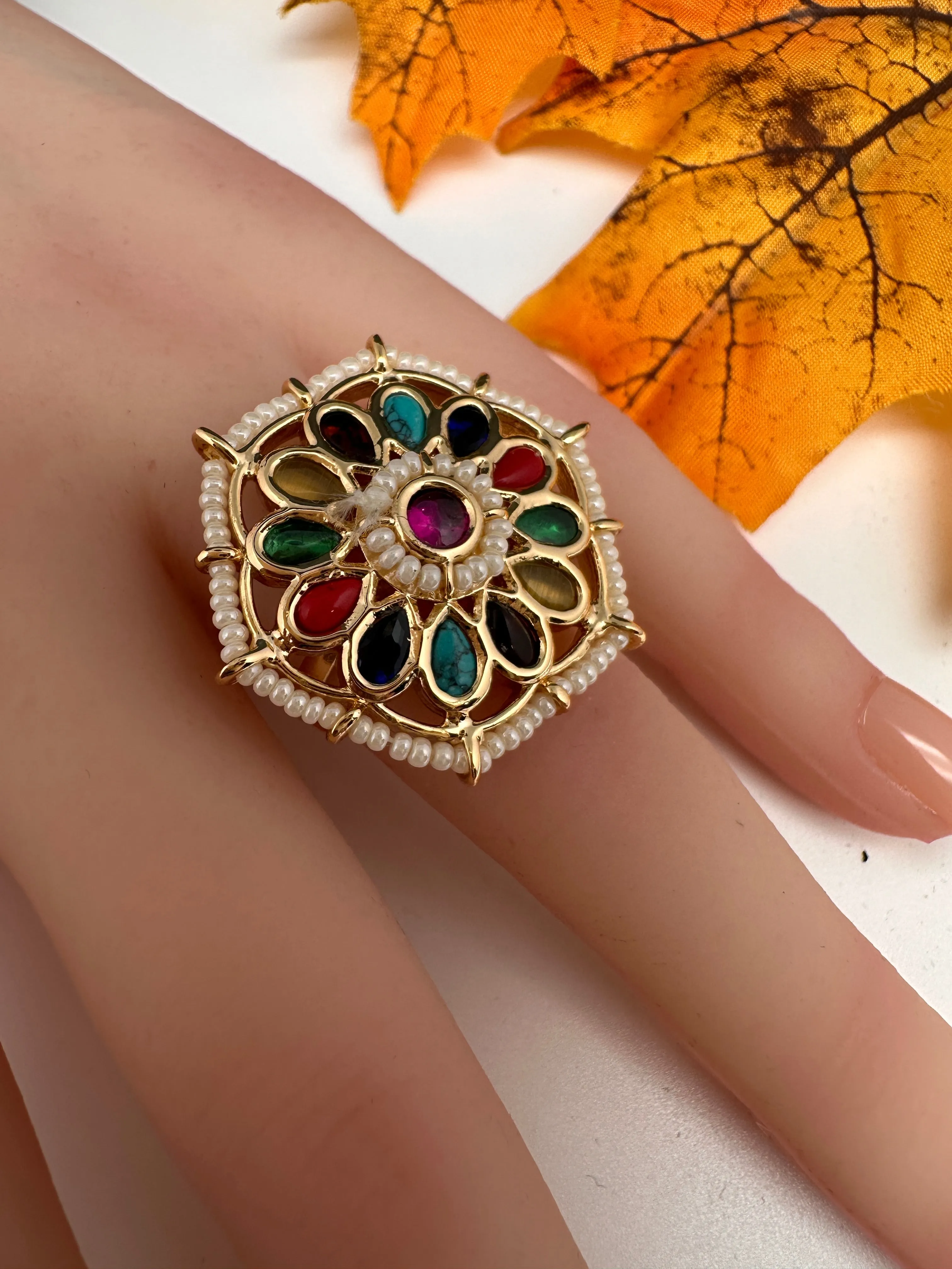 Kundan Pearls Adjustable Color Stone Cocktail Ring