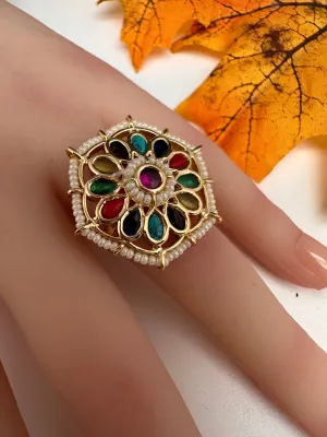 Kundan Pearls Adjustable Color Stone Cocktail Ring
