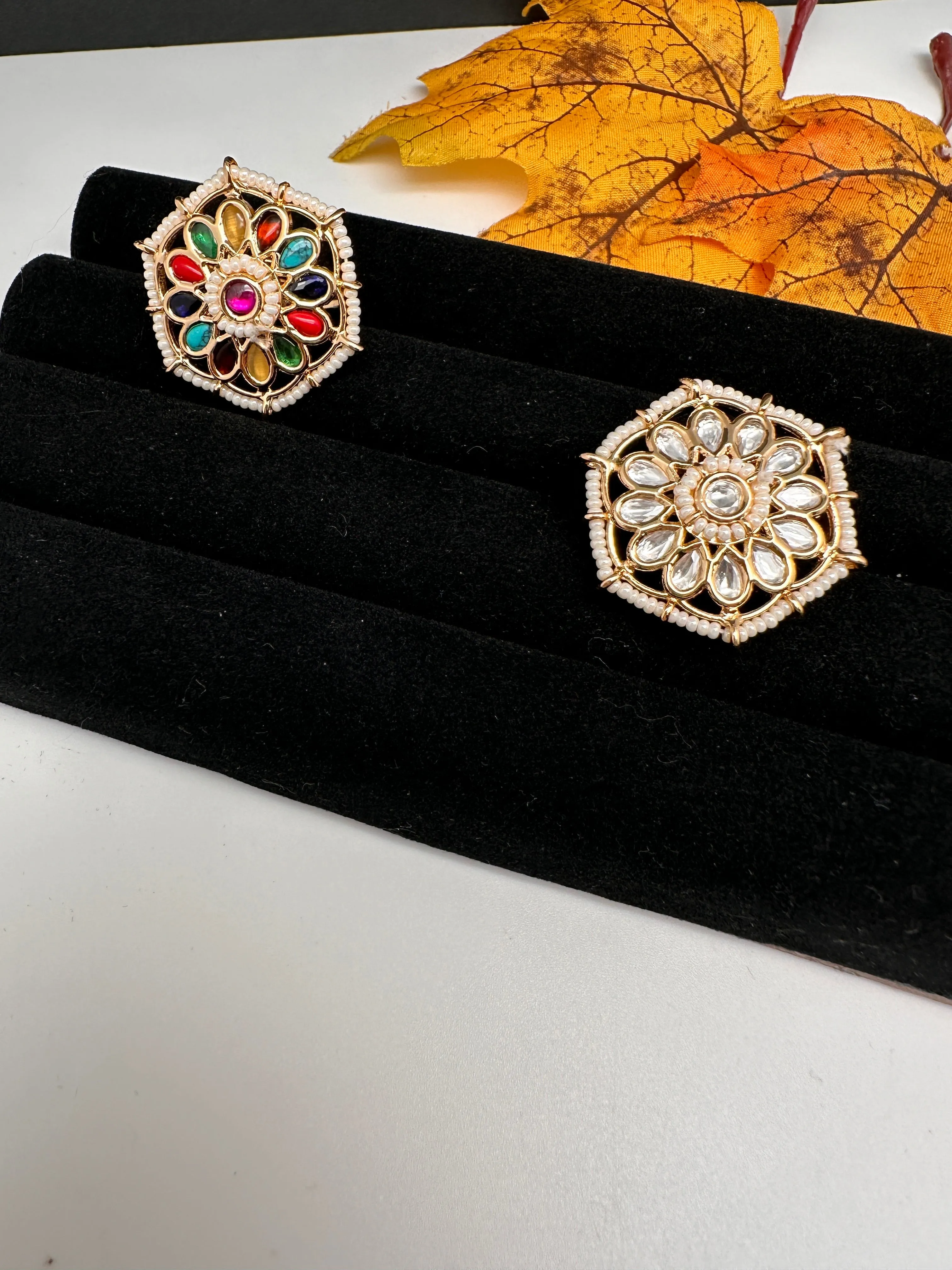 Kundan Pearls Adjustable Color Stone Cocktail Ring