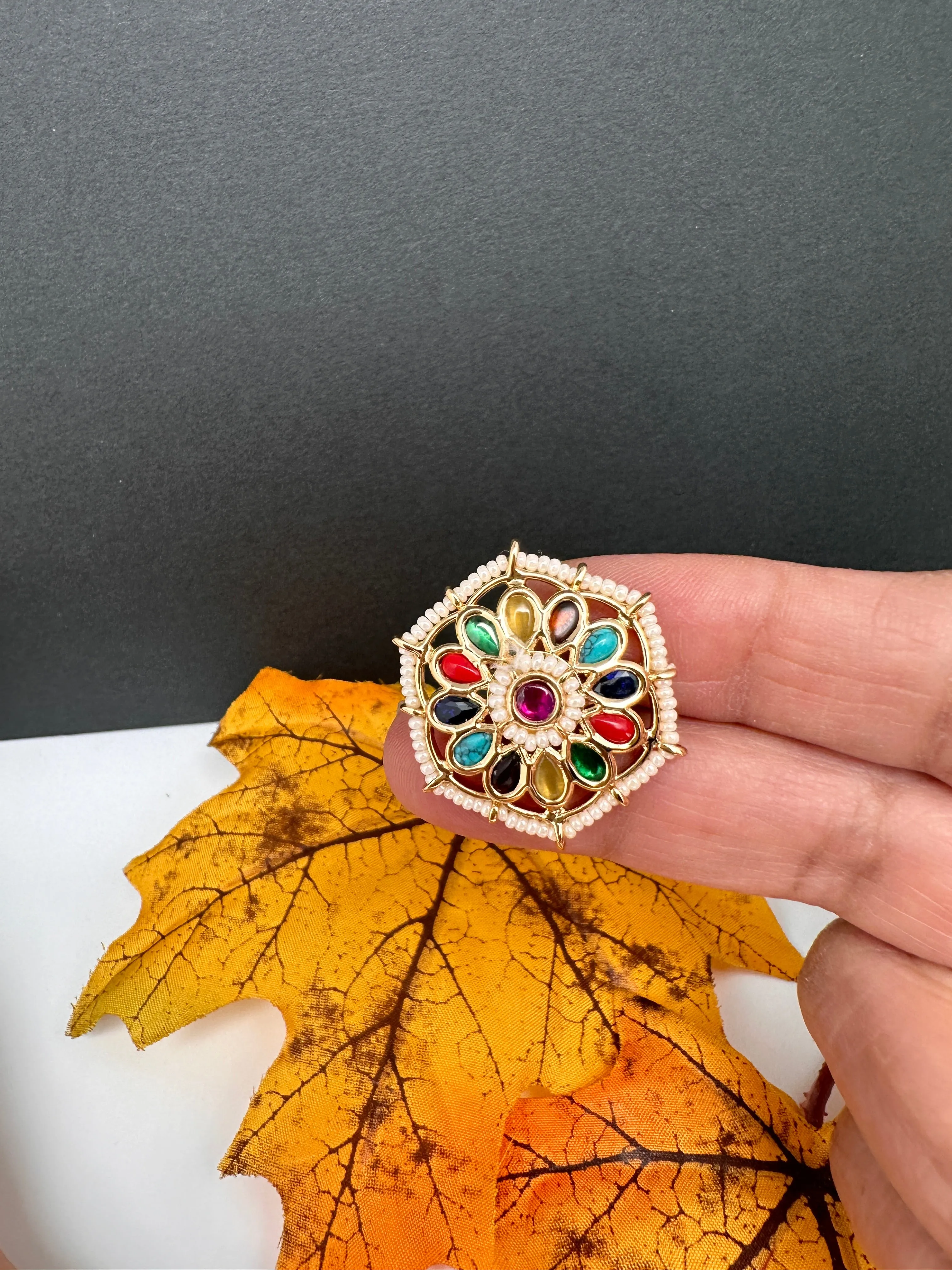 Kundan Pearls Adjustable Color Stone Cocktail Ring