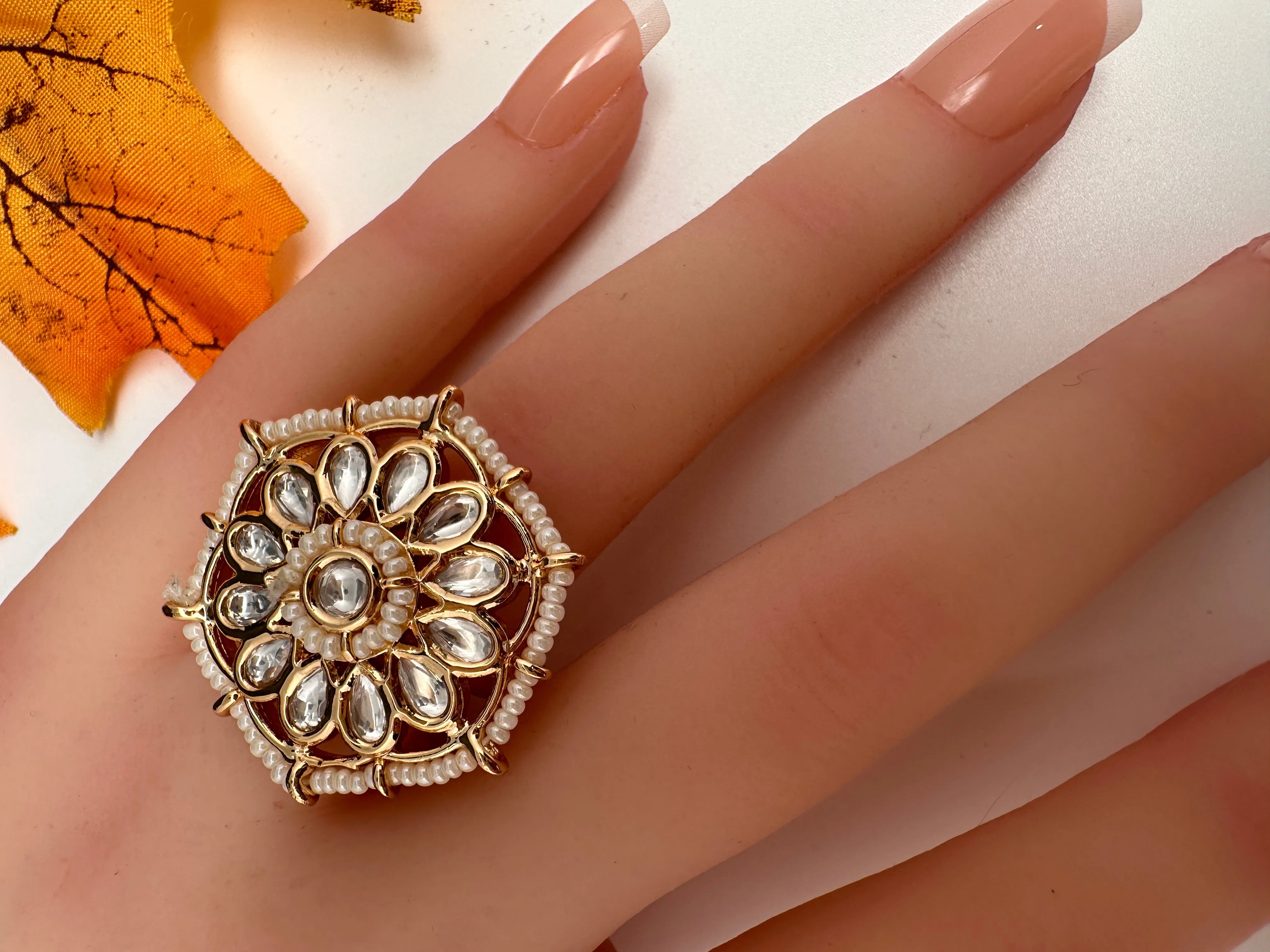 Kundan Pearls Adjustable Color Stone Cocktail Ring