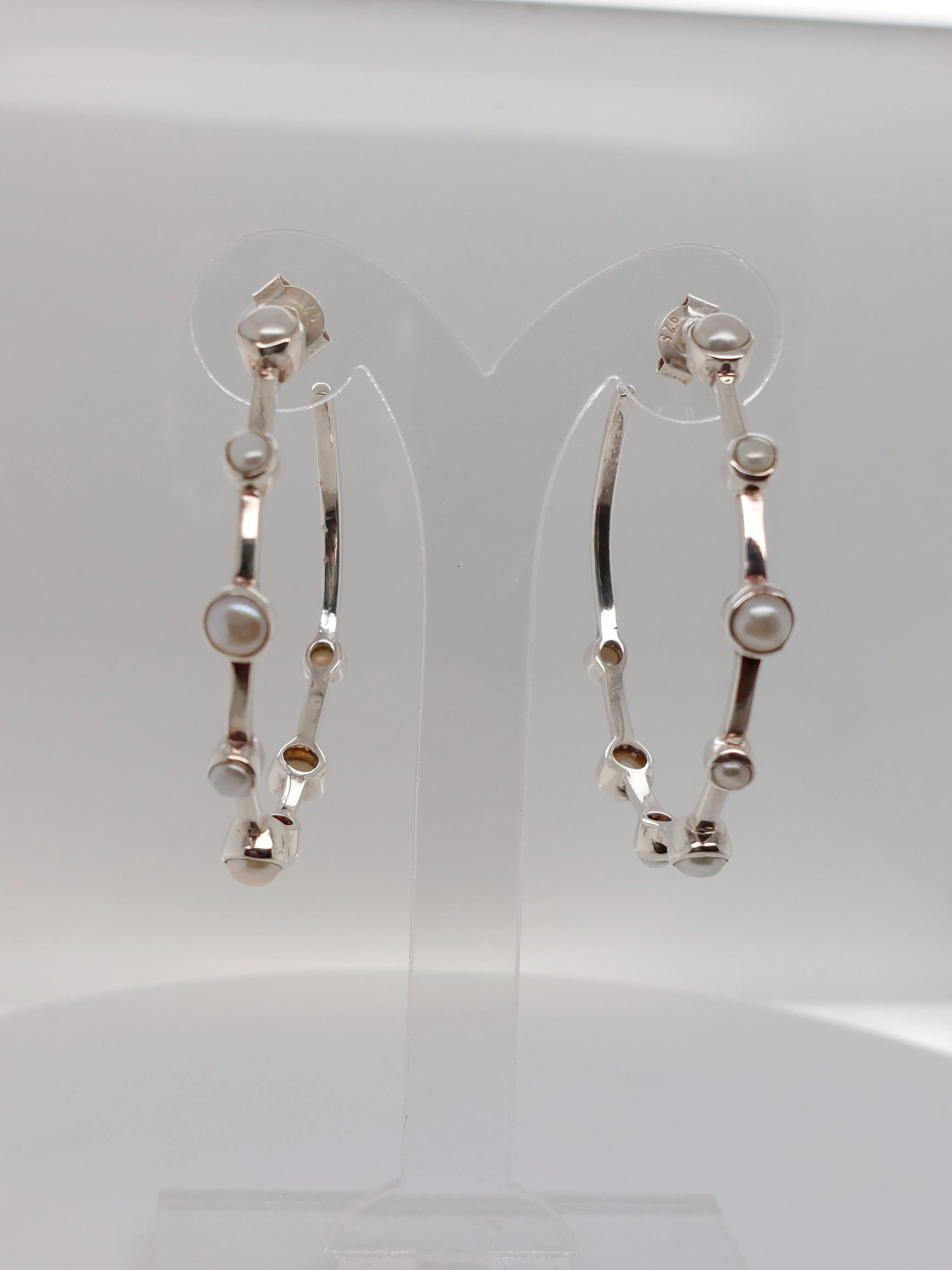 Large Bezel Set Pearl Hoop Earrings