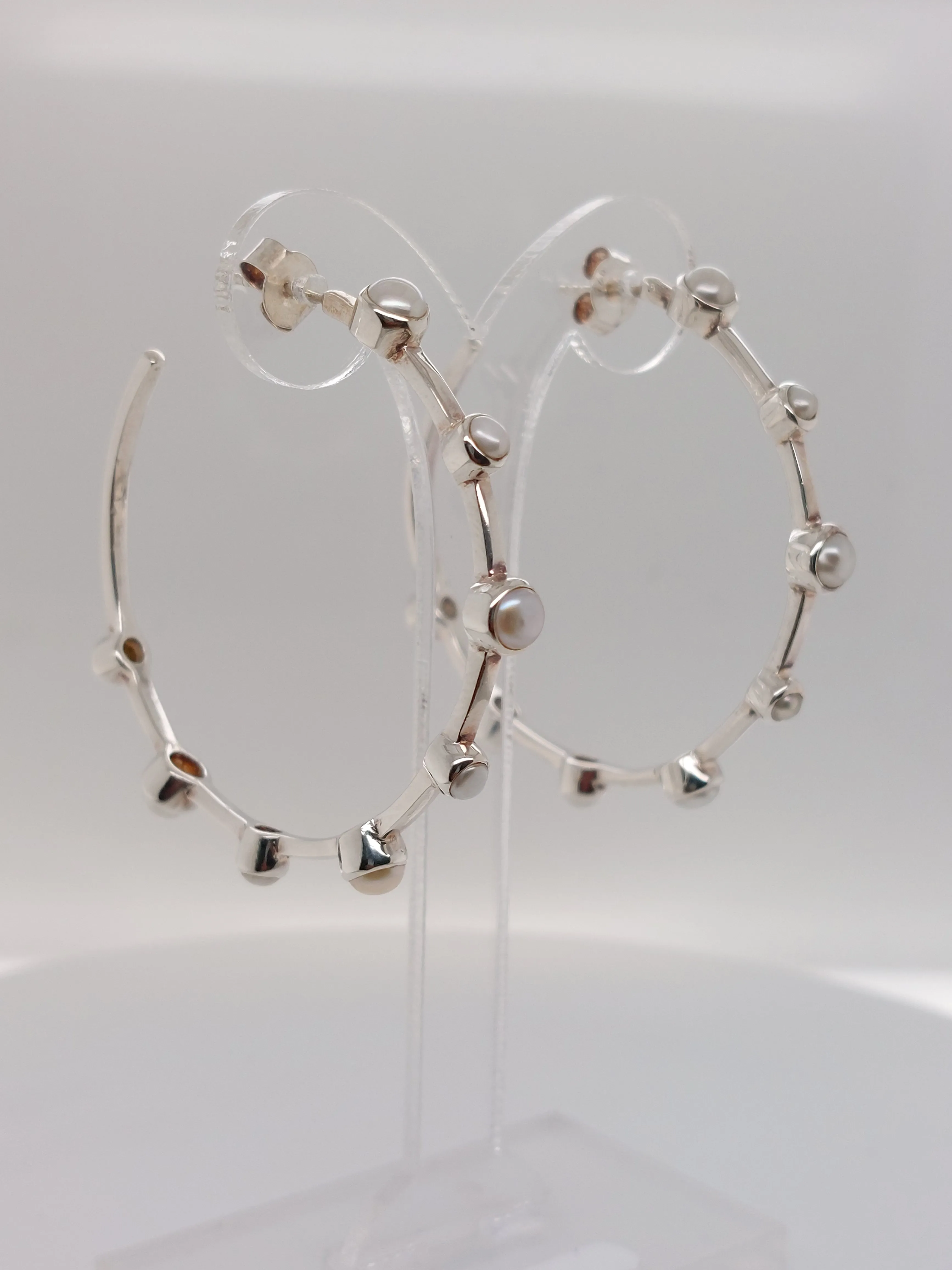 Large Bezel Set Pearl Hoop Earrings
