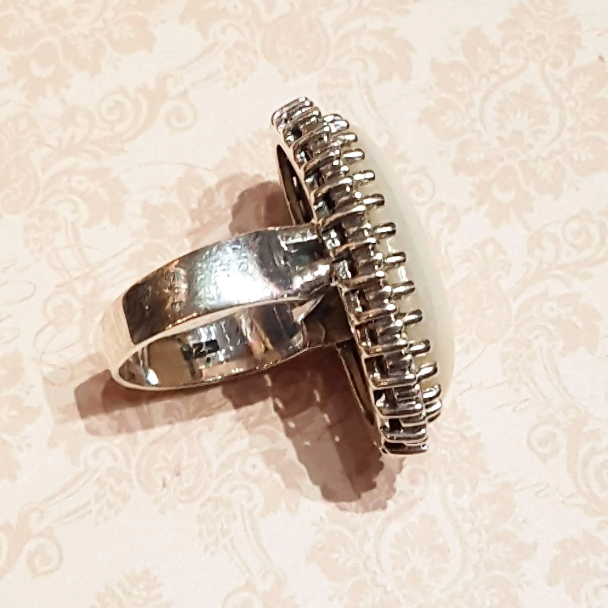 Large Oval Mother of Pearl Cocktail Ring Silver Marcasite