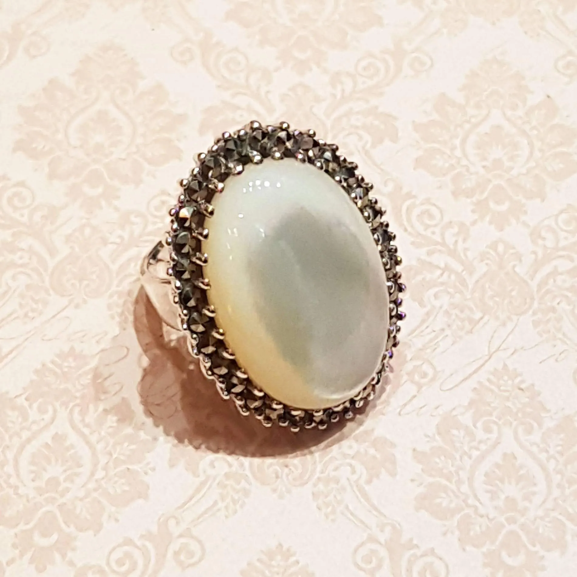 Large Oval Mother of Pearl Cocktail Ring Silver Marcasite