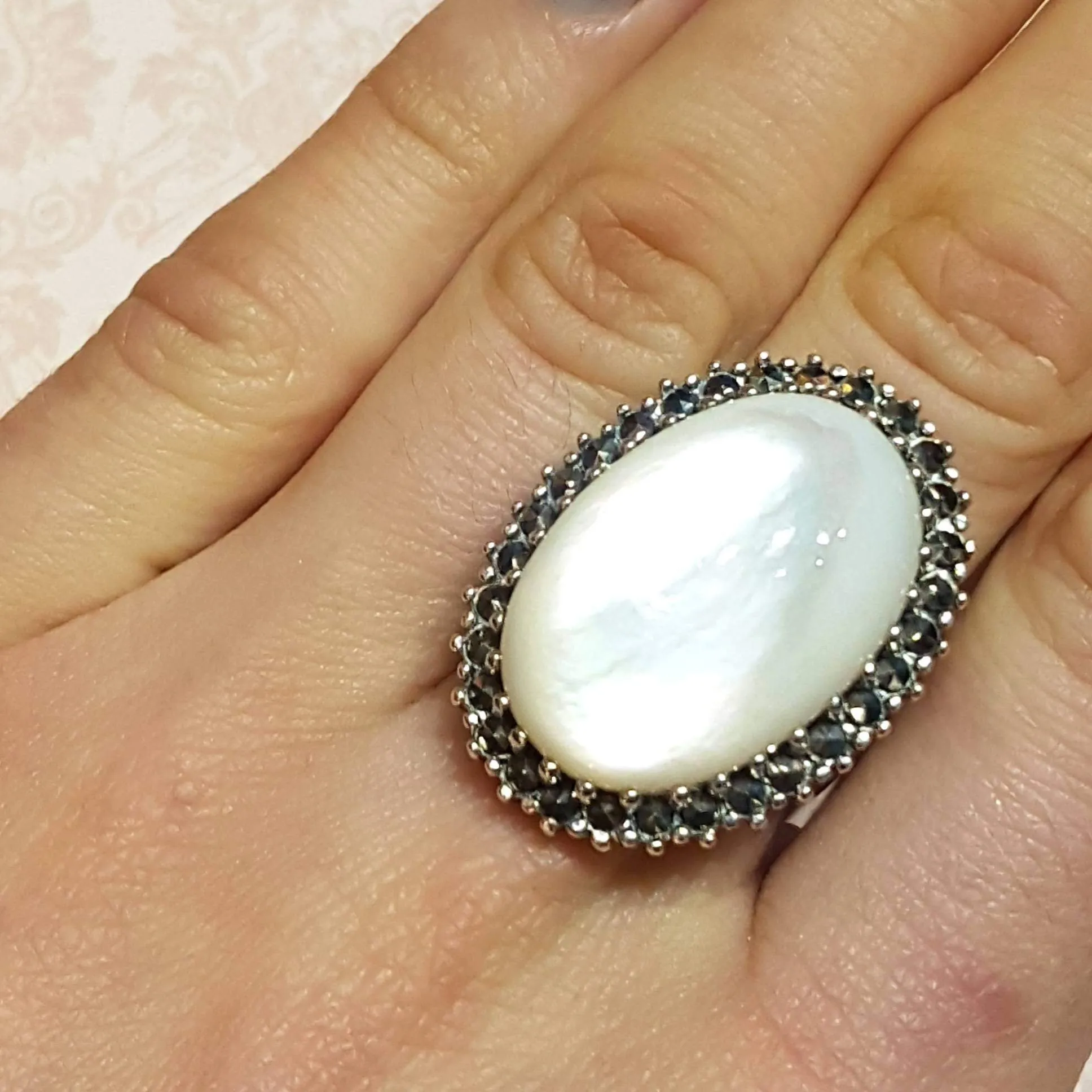 Large Oval Mother of Pearl Cocktail Ring Silver Marcasite