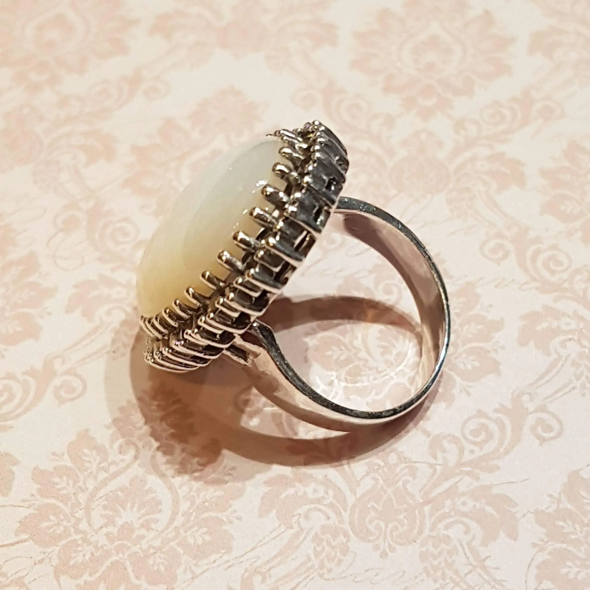 Large Oval Mother of Pearl Cocktail Ring Silver Marcasite