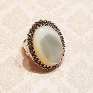 Large Oval Mother of Pearl Cocktail Ring Silver Marcasite