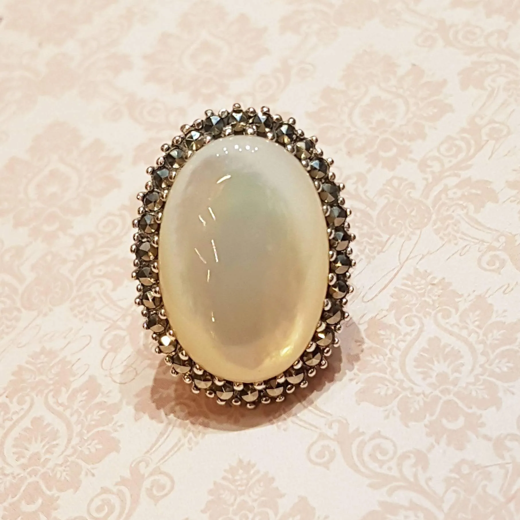 Large Oval Mother of Pearl Cocktail Ring Silver Marcasite
