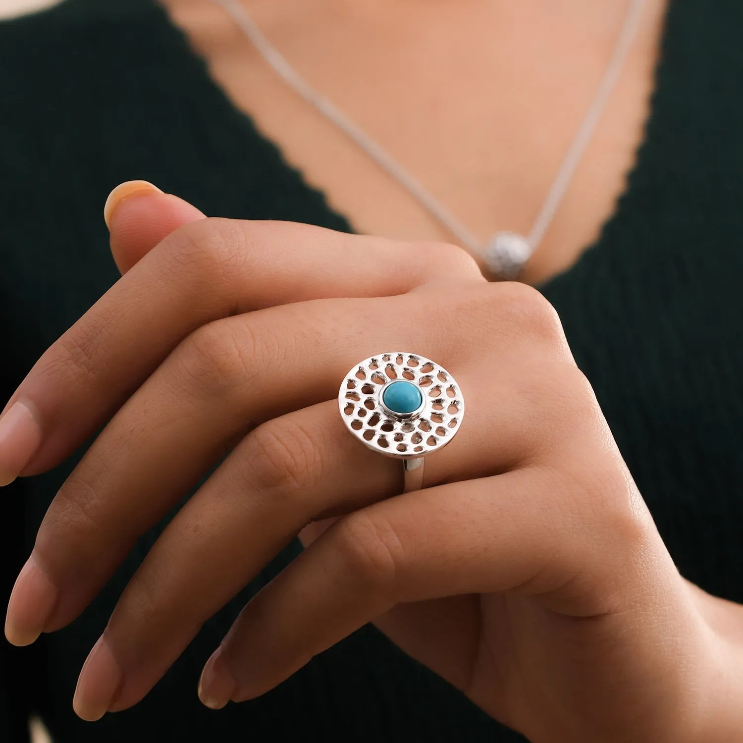 Lattice Disc Ring with Sleeping Beauty Turquoise
