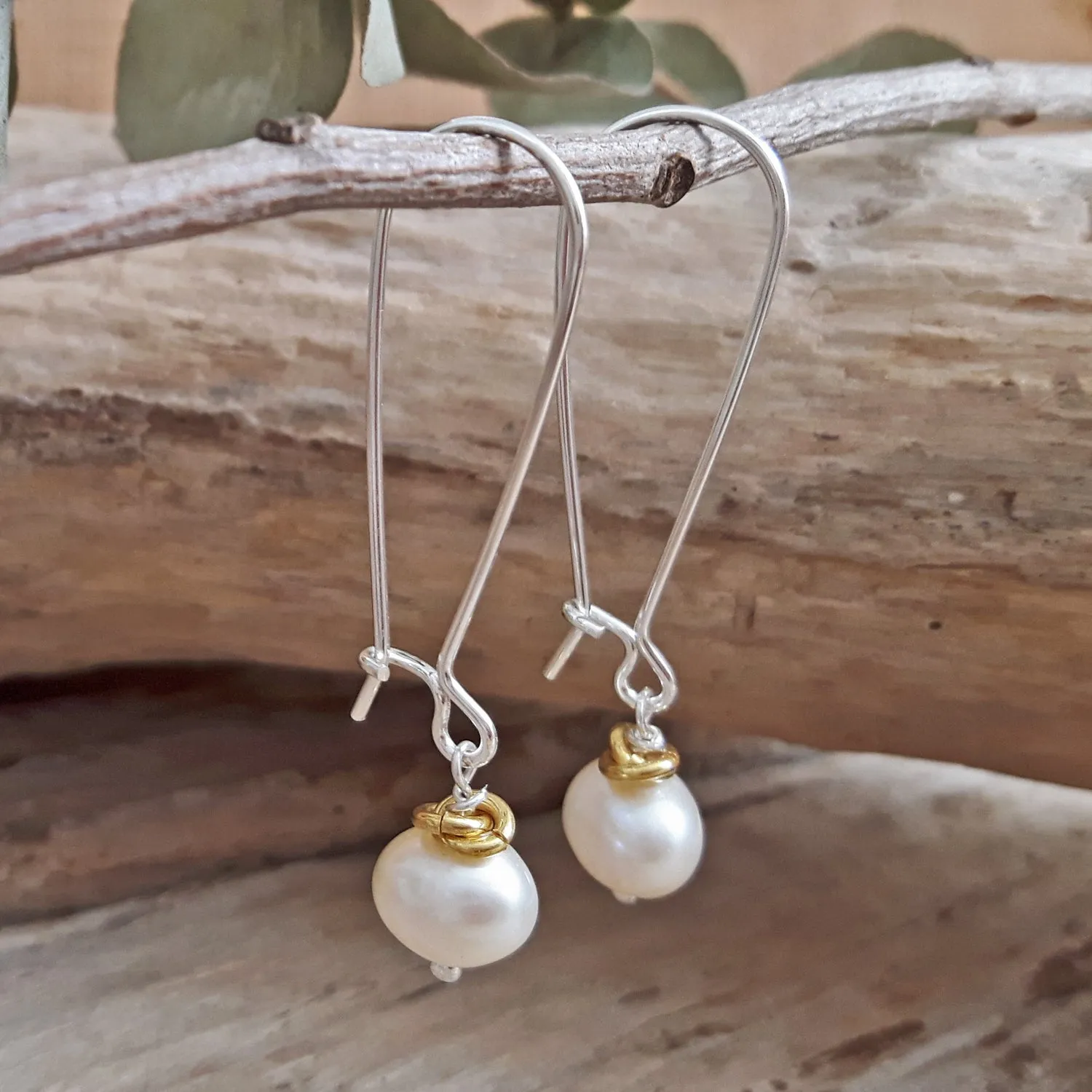 Mary AU White Pearl Long Hook Drop Earrings