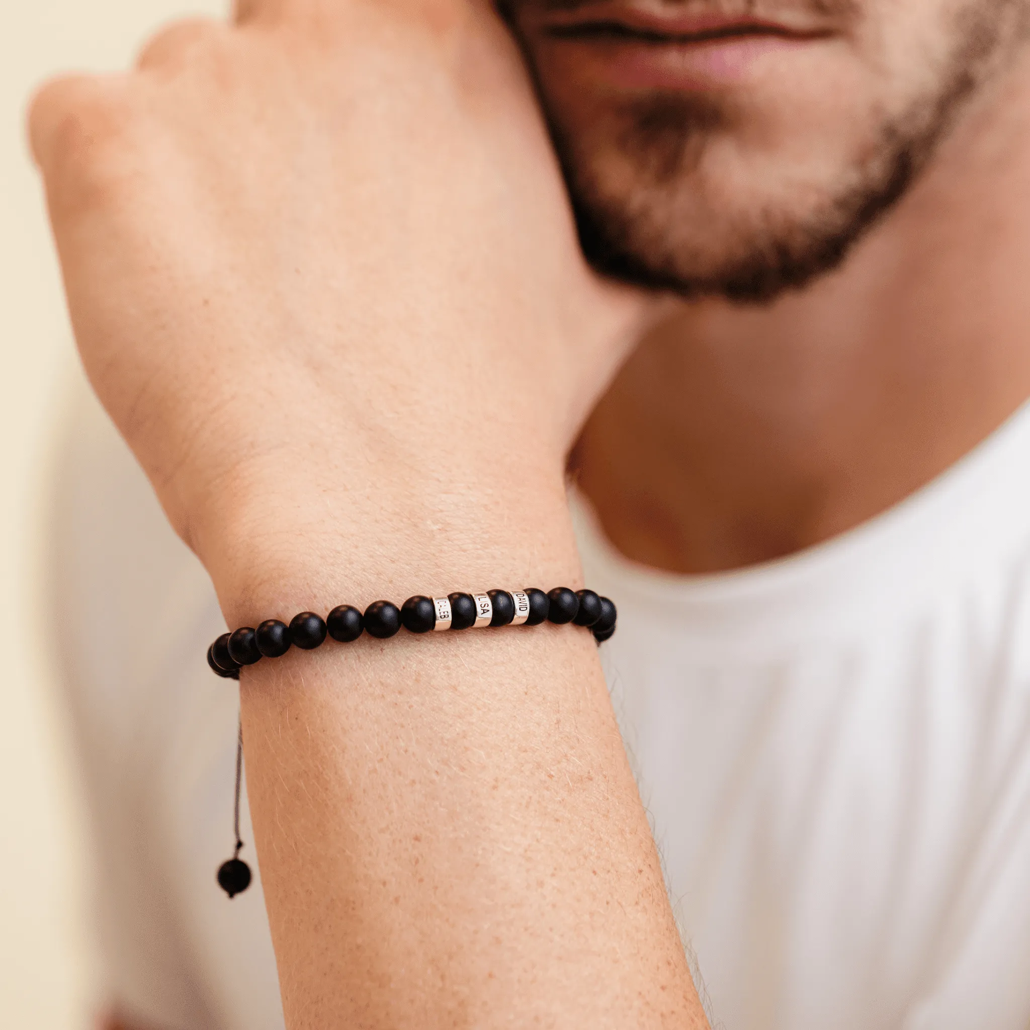 Men's Black Onyx Engravable Bead Bracelet - 925 Sterling Silver