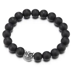 Mens Women 10MM Matt Black Onyx Beads Bracelet with Owl Charm, Stretchable
