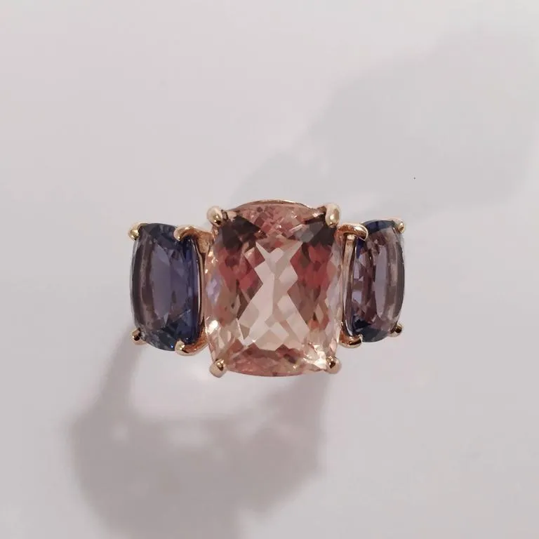 Morganite Iolite Gold Three Stone Cushion Ring