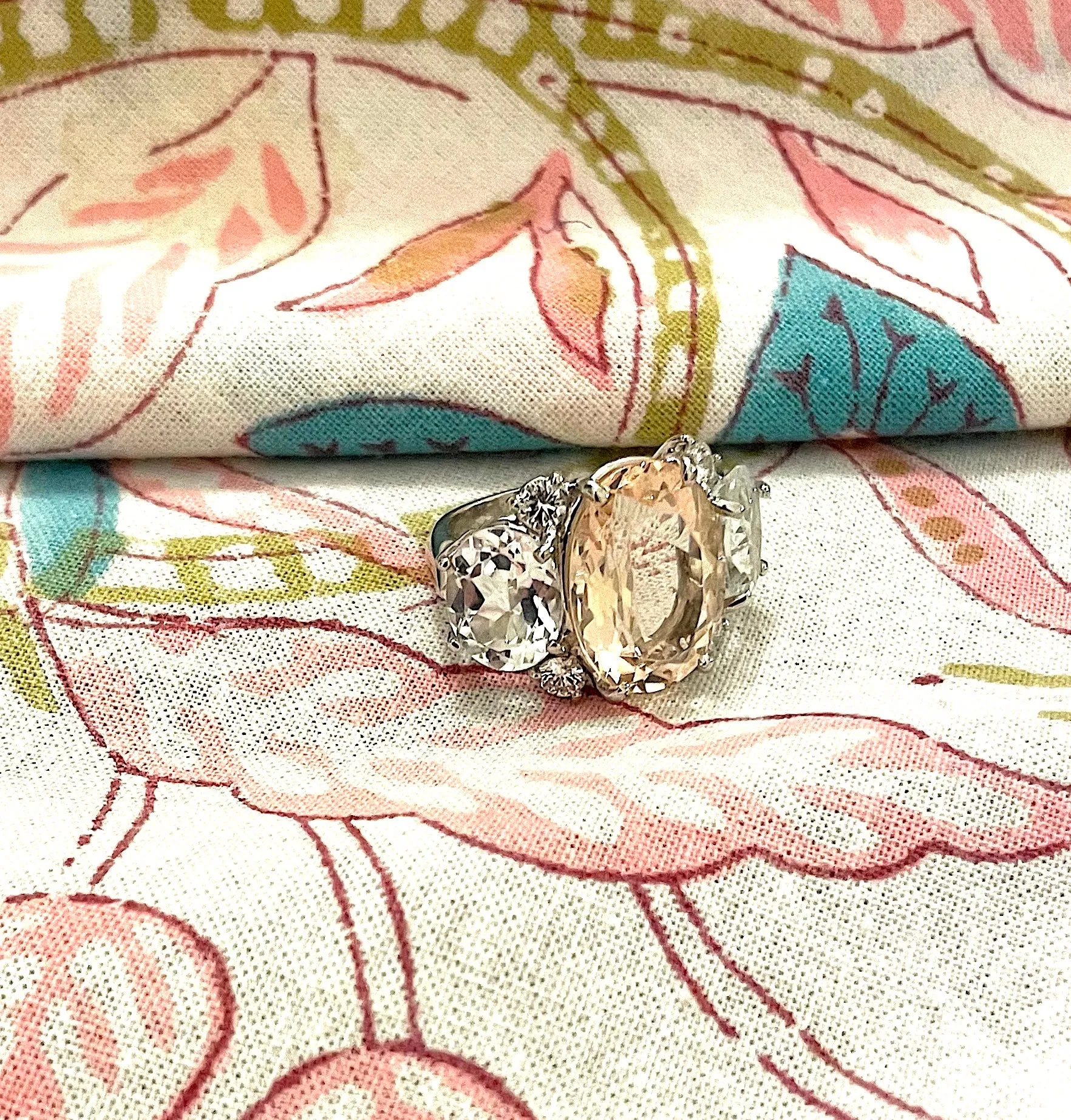 Morganite Iolite Gold Three Stone Cushion Ring