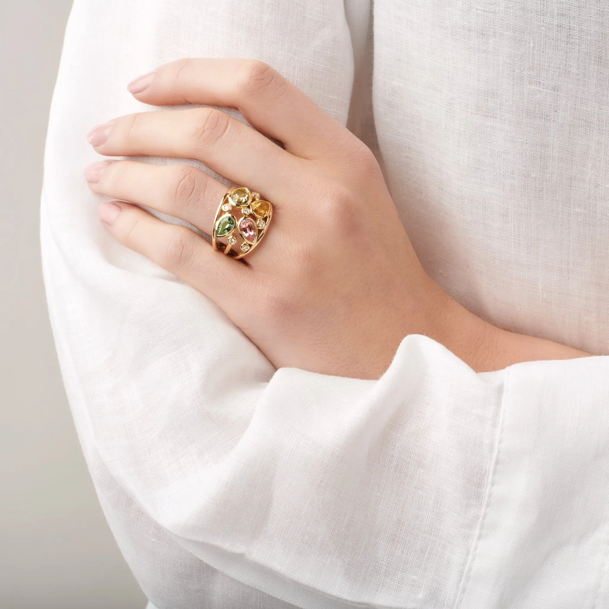 Multi Aeneus Ring 18ct Yellow Gold - Beryl & Diamond