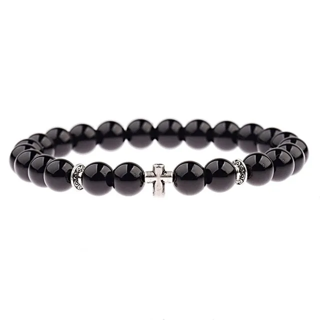 Natural Wood Bead Cross Bracelets Onyx Meditation Prayer for Men Women