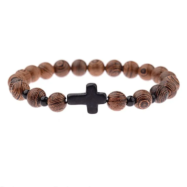 Natural Wood Bead Cross Bracelets Onyx Meditation Prayer for Men Women