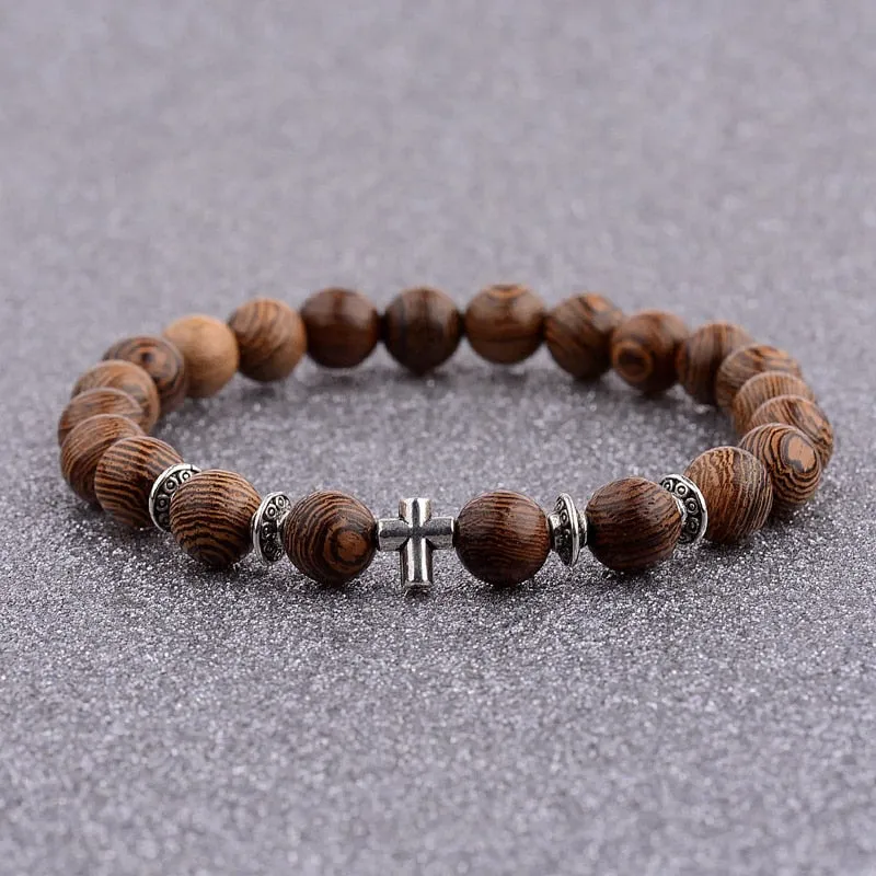 Natural Wood Bead Cross Bracelets Onyx Meditation Prayer for Men Women