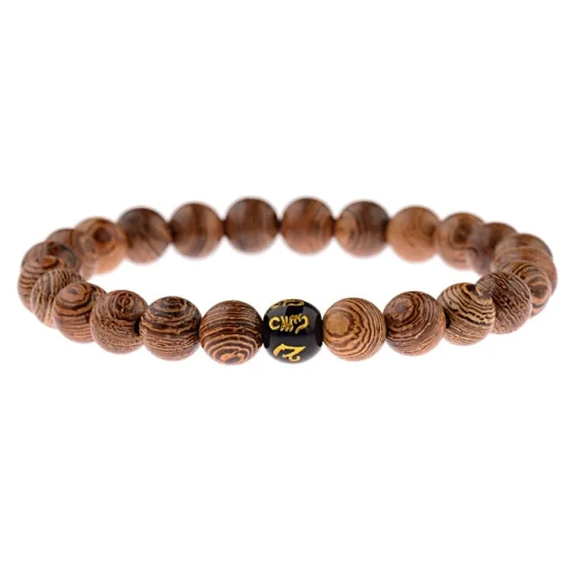Natural Wood Bead Cross Bracelets Onyx Meditation Prayer for Men Women