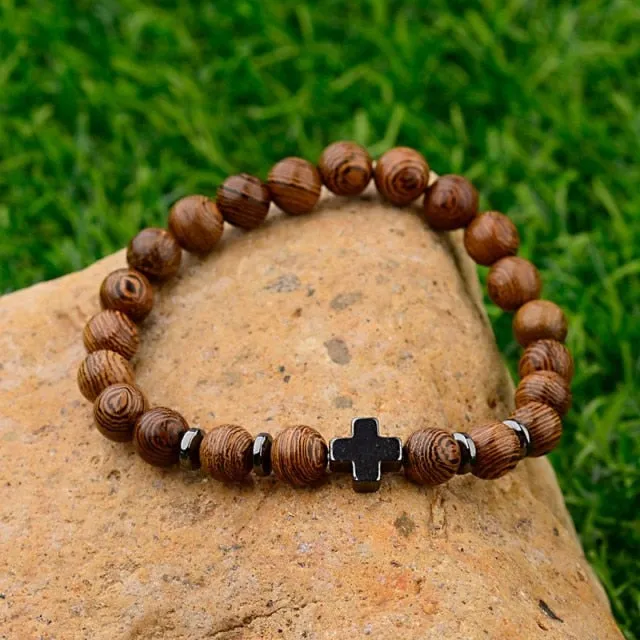 Natural Wood Bead Cross Bracelets Onyx Meditation Prayer for Men Women