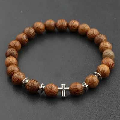 Natural Wood Bead Cross Bracelets Onyx Meditation Prayer for Men Women