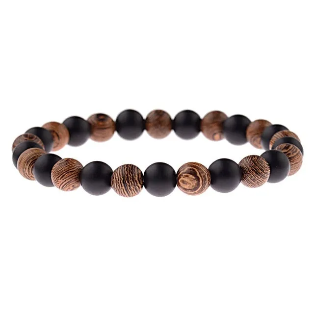 Natural Wood Bead Cross Bracelets Onyx Meditation Prayer for Men Women