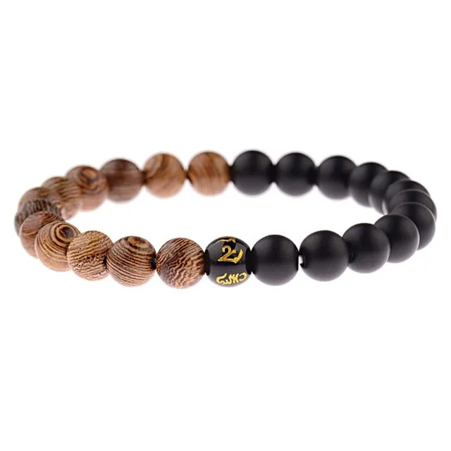 Natural Wood Bead Cross Bracelets Onyx Meditation Prayer for Men Women