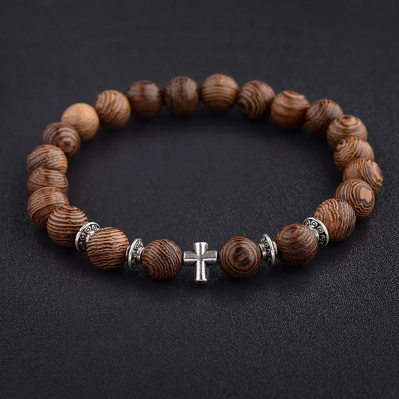 Natural Wood Bead Cross Bracelets Onyx Meditation Prayer for Men Women