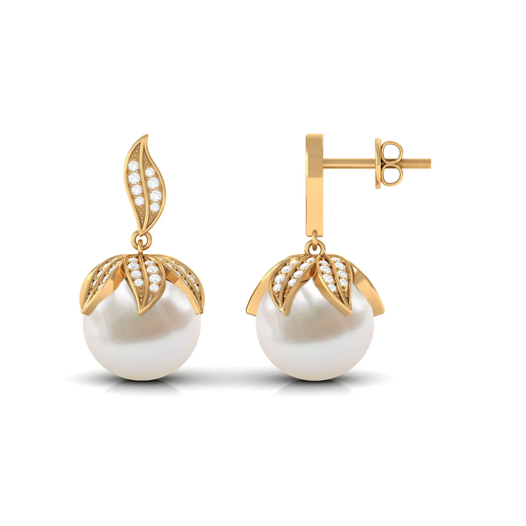 Nature Inspired Freshwater Pearl Drop Earrings with Diamond